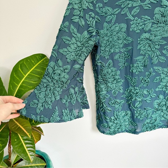 Emerald Teal 90’s Y2K Velvety Burnout Blouse, Flowy Sleeves, Whimsigoth - Picture 3 of 7